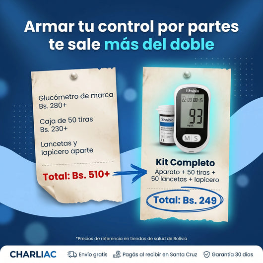 Kit completo del glucómetro a Bs. 249 frente a comprar aparato y tiras por separado