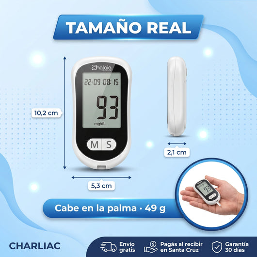Tamaño real del glucómetro: 10,2 x 5,3 x 2,1 cm y 49 g, cabe en la palma de la mano