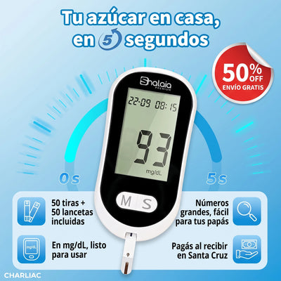 Glucómetro Digital en mg/dL: tu azúcar en casa en 5 segundos, con 50 tiras y 50 lancetas incluidas