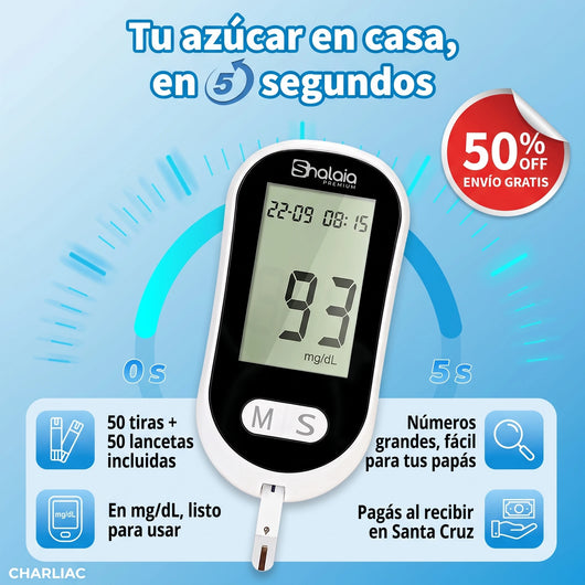 Glucómetro Digital en mg/dL: tu azúcar en casa en 5 segundos, con 50 tiras y 50 lancetas incluidas