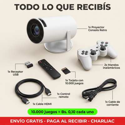 Todo lo que recibís: proyector, 2 mandos, receptor USB, control remoto, tarjeta con 10.000 juegos, cable HDMI y cable de corriente