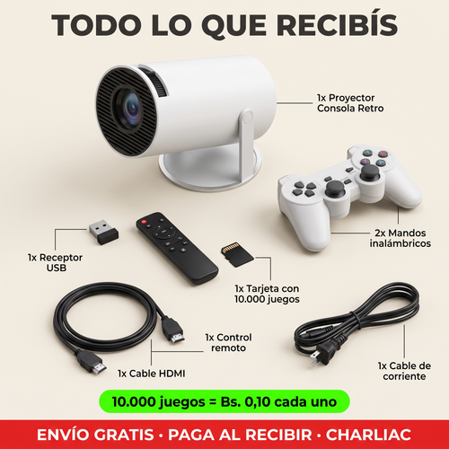 Proyector Consola Retro 2 en 1 Full HD® — 10.000 Juegos + 2 Mandos