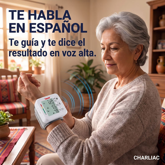 Adulta mayor midiéndose la presión sola con el tensiómetro de voz en español