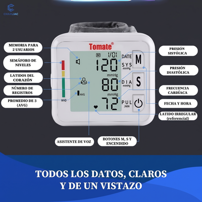 Pantalla del tensiómetro Charliac con cada función etiquetada