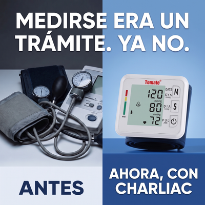 Antes: tensiómetro de brazo tradicional. Ahora: tensiómetro de muñeca Charliac