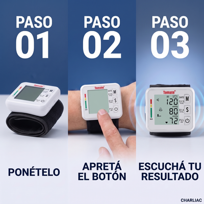 Los 3 pasos para usar el tensiómetro: ponételo, apretá el botón, escuchá tu resultado