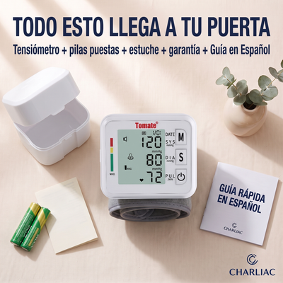 Qué incluye la caja del tensiómetro Charliac: pilas puestas, estuche, garantía y guía en español