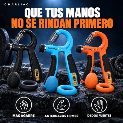Fortalecedor de mano ajustable con contador en negro, azul y naranja para más agarre y antebrazos firmes