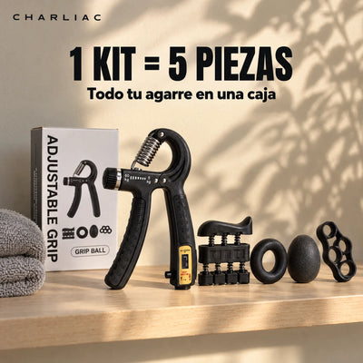 Kit de 5 piezas: hand grip ajustable de 5 a 60 kg con contador, ejercitador de dedos, estirador de dedos, anillo y pelota