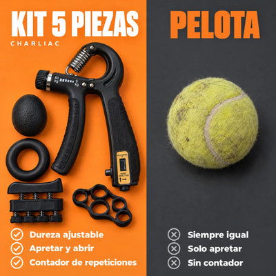 Comparativa: kit fortalecedor de 5 piezas con dureza ajustable y contador frente a una pelota común
