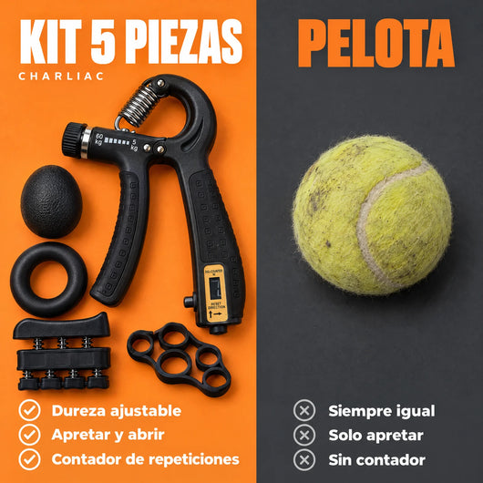 Comparativa: kit fortalecedor de 5 piezas con dureza ajustable y contador frente a una pelota común
