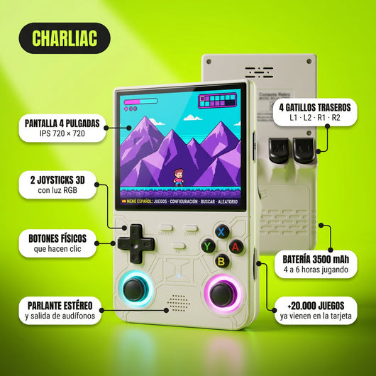Anatomía de la RetroPocket Pro: pantalla 4 pulgadas IPS, 2 joysticks 3D RGB, 4 gatillos, batería 3500 mAh
