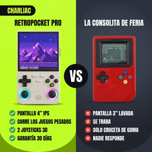 Comparación RetroPocket Pro vs la consolita de feria: pantalla, joysticks, batería y garantía