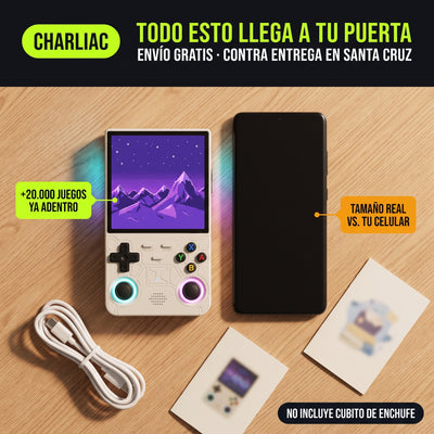 Todo lo que llega a tu puerta: RetroPocket Pro, cable tipo C y manual, tamaño real comparado con un celular