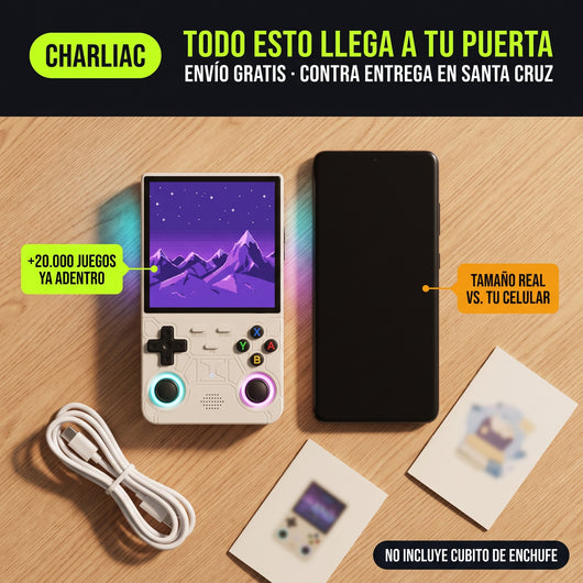 Todo lo que llega a tu puerta: RetroPocket Pro, cable tipo C y manual, tamaño real comparado con un celular