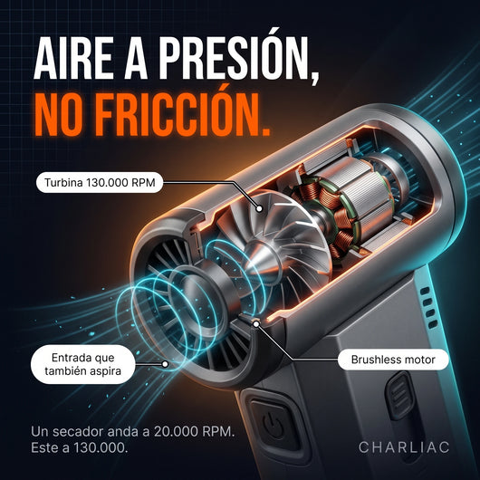 Corte técnico de la turbina de 130.000 RPM del soplador turbo — aire a presión, no fricción
