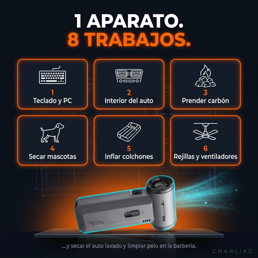 1 aparato, 8 trabajos: teclado y PC, interior del auto, prender carbón, secar mascotas, inflar colchones, rejillas