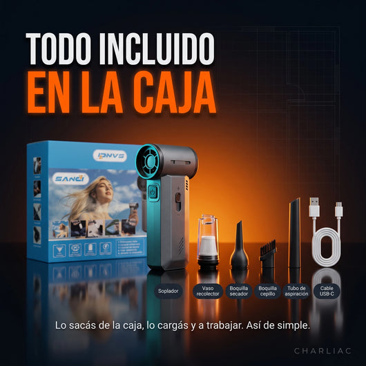 Todo incluido en la caja: soplador, vaso recolector, boquilla secador, boquilla cepillo, tubo de aspiración, cable USB-C